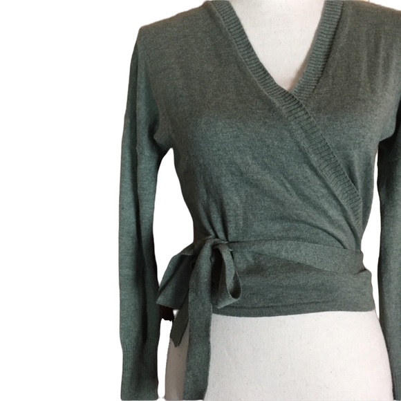 Ruby Moon Boho Cropped Tie Wrap V-neck Crop Top Green/Gray Size Small Wool Blend - Picture 2 of 14